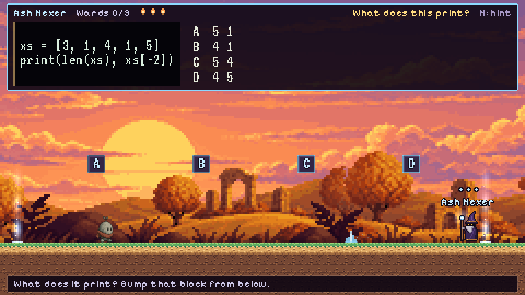 The Ash Hexer's duel: his question across the top of the screen and four lettered answer blocks over the arena floor